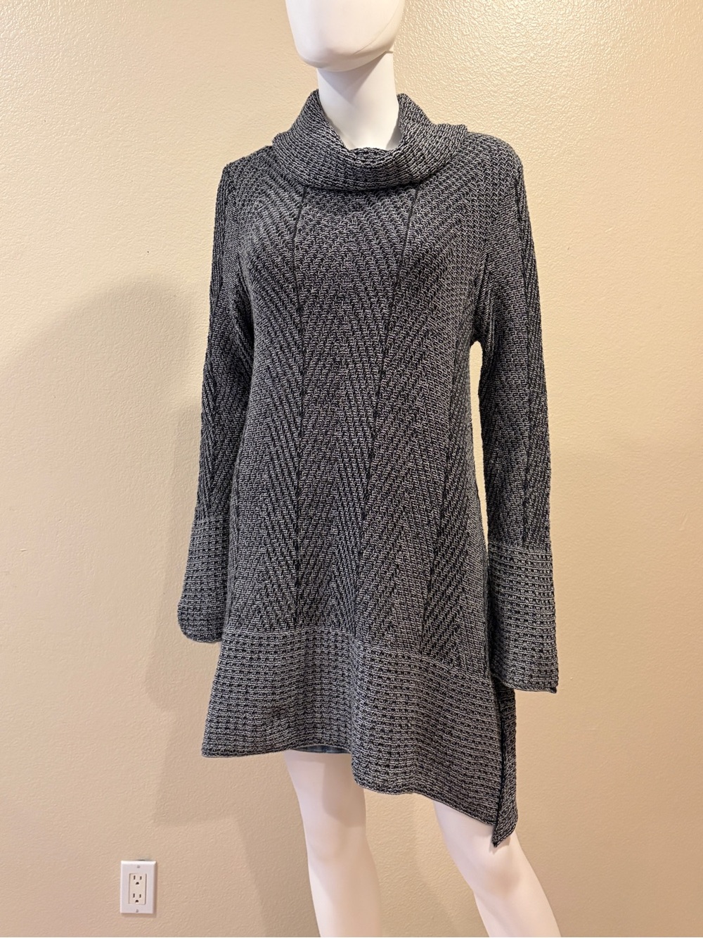 Jeanne Pierre Mini Sweater Dress Size XL Cotton Knit Cowl Neck Flare Bottom Grey